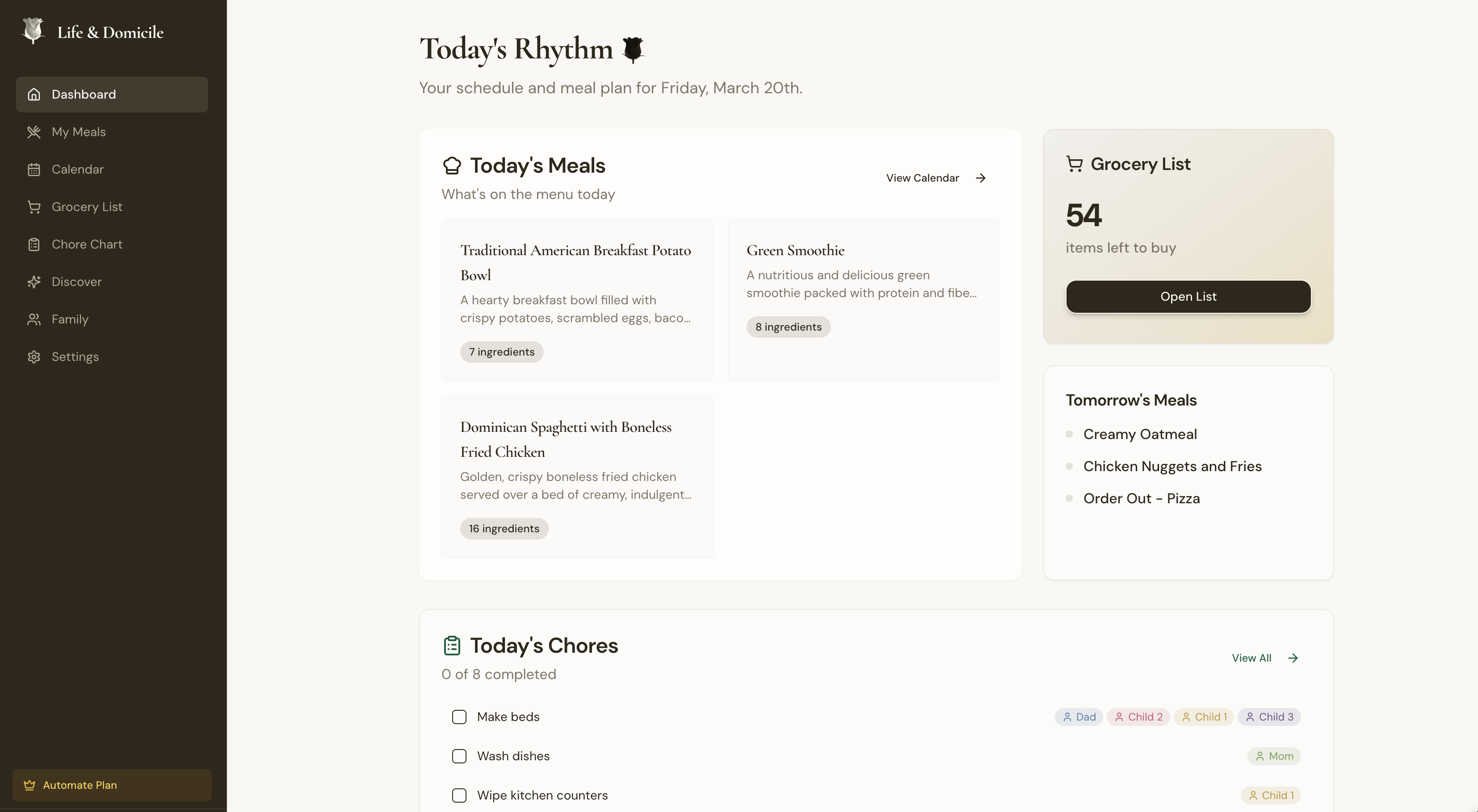 Life & Domicile dashboard showing today's meals, grocery list, chore chart, and upcoming events